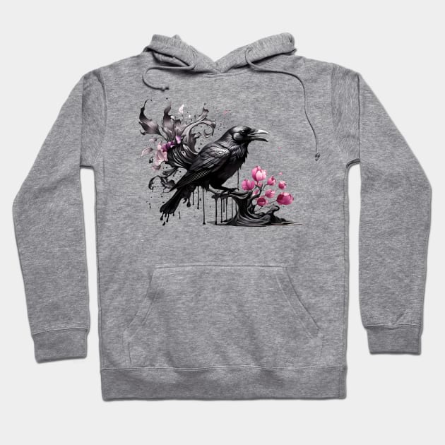 Ink Crow and sakura - Ink dripping effect Hoodie by PrintSoulDesigns